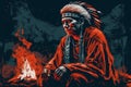 Native american shaman in contemplation during fire ceremony indian chief healer in traditional style and vibrant high contrast co Royalty Free Stock Photo