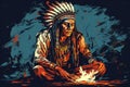 Native american shaman in contemplation during fire ceremony indian chief healer in traditional style and vibrant high contrast co Royalty Free Stock Photo