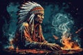 Native american shaman in contemplation during fire ceremony indian chief healer in traditional style and vibrant high contrast co Royalty Free Stock Photo