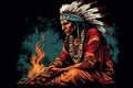 Native american shaman in contemplation during fire ceremony indian chief healer in traditional style and vibrant high contrast co Royalty Free Stock Photo