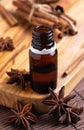 concept of natural cosmetics, glass bottle with oil, anise seeds and cinnamon sticks Royalty Free Stock Photo