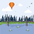 Concept natural forest area, train bridge ride and aerostat flat vector illustration. Travel country transport, clean