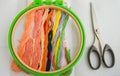 The concept of needlework. Sewing accessories for embroidery-canvas, Hoop, thread floss, flat lay, top view