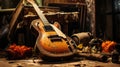 Concept of Neglected Passions. An old guitar lies in a corner gathering dust, indicating the loss of enthusiasm for once