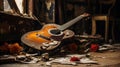 Concept of Neglected Passions. An old guitar lies in a corner gathering dust, indicating the loss of enthusiasm for once