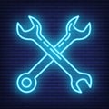 Concept neon wrench construction tool icon, spanner toolkit professional instrument flat line vector illustration, isolated on