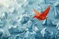 group of crumpled papers with one different paper transforming into an origami bird in flight. ai generated