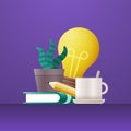 The concept of a new idea. Cup of coffee, notepad with pencil, houseplant and light bulb idea symbol. Royalty Free Stock Photo