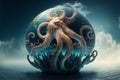 The concept of a new mutation of the coronavirus kraken swallows the globe.3d octopus eats the globe.