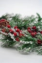 Concept New Year celebration background. Closeup photo of christmas tree decorated with red berries and cones. New Year card Royalty Free Stock Photo