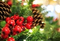 Christmas tree with red berries and cones. Concept New Year celebration background. Closeup photo of christmas tree Royalty Free Stock Photo