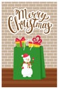 The concept of a new year, Christmas greeting card with the words Merry Christmas. Gift bag on the background of a brick wall.