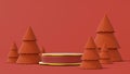 Concept new year mockup. Empty red and gold round podium with a Christmas decorations. Christmas tree, candy cane, snowflakes, Royalty Free Stock Photo