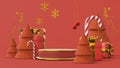 Concept new year mockup. Empty red and gold round podium with a Christmas decorations. Christmas tree, candy cane, snowflakes, Royalty Free Stock Photo