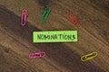 Concept of Nominations write on sticky notes isolated on Wooden Table