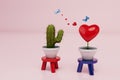 the concept of non-reciprocal love. cactus next to a pot with a heart between them hearts and butterflies. 3d render