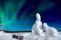 Concept Northern Lights travel. Arctic polar bears against background of aurora borealis and night starry sky