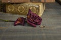 The concept of nostalgia for a bygone time. A dried red rose bud and a gold ring with an emerald on the background of old books on Royalty Free Stock Photo