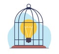 Concept of not realizing an idea, bird cage with golden light bulb locked inside. Limitation of thinking. Mental jail Royalty Free Stock Photo