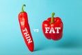 Concept of obesity and weight loss. Thick fat and thin pepper as example of people figure