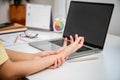 Concept office syndrome hand pain from occupational disease, woman having wrist pain from using computer, wrist pain Royalty Free Stock Photo