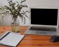 Concept for an office table mock up. Laptop, blank notebook and a jar of green plants Royalty Free Stock Photo