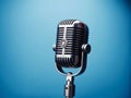 An Old Fashioned Microphone On A Stand Against A Blue Background. Generative AI