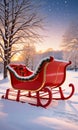 An Old-Fashioned Sleigh Adorned With Twinkling Lights And Red Ribbons, Sitting In Fresh Snow, Under The Golden Hour. Generative AI