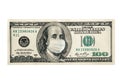Concept, one hundred dollars with Benjamin Franklin masked by a virus. Coronavirus protection. Horizontal frame