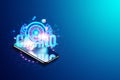 Concept for online casino, gambling, online money games, bets. Smartphone and neon casino sign, roulette, and dice. site header,