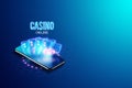 Concept for online casino, gambling, online money games, bets. Smartphone and neon casino sign, roulette, and dice. site header,