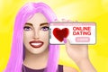 Concept online dating, matchmaking. Drawn nice girl on bright background. Illustration Royalty Free Stock Photo