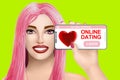 Concept online dating, matchmaking. Drawn cute girl on vivid background. Illustration Royalty Free Stock Photo