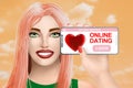 Concept online dating, matchmaking. Drawn beautiful girl on vivid background. Illustration Royalty Free Stock Photo