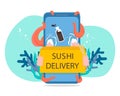 Concept for online delivery. Phone, box with sushi, octopus. Flat illustration