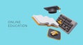 Concept of online education. 3D keyboard, computer mouse, book, graduate cap Royalty Free Stock Photo