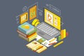 Concept of online education and distance e-learning. Isometric vector illustration with laptop, stack of books, graphs Royalty Free Stock Photo