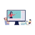 Concept of online education, studying and e-learning, female student study, banner in trendy style. Royalty Free Stock Photo