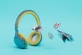 the concept of online learning. headphones, brains and books flying across the blue background. 3D render