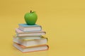 the concept of online learning. snack during school. books and an apple on a yellow background. 3D render Royalty Free Stock Photo