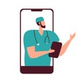 Concept of online medical consultation. Vector medical icon man doctor with folder. Image personal with stethoscope