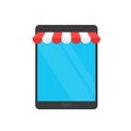 Concept online shopping, cart icon on monitor and storefront awning. Ecommerce, online shopping, e-commerce, internet