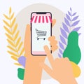 Concept online shopping and e-commerce. Icons for mobile marketing. Hand holding smart phone. Flat design style modern vector il Royalty Free Stock Photo