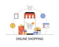 The concept online shopping, a smartphone in the form of a store around the icon basket, payment, coin, gifts. Vector