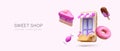 Concept of online sweets shop. 3D smartphone with striped canopy