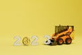 the concept of the onset of 2023. bulldozer loading digits 2023 where the coin dollar instead of 0. 3D render