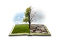 Concept an open book. Bipolarity. On one side, nature, on another smog and a drought Royalty Free Stock Photo