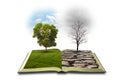 Concept an open book. Bipolarity. On one side, nature, on another smog and a drought Royalty Free Stock Photo