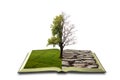 Concept an open book. Bipolarity. On one side, nature, on another smog and a drought Royalty Free Stock Photo