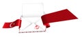 Concept, open envelope with blank sheet of paper wrapped in shiny festive ribbon with elements of Turkish flag. Inscription is